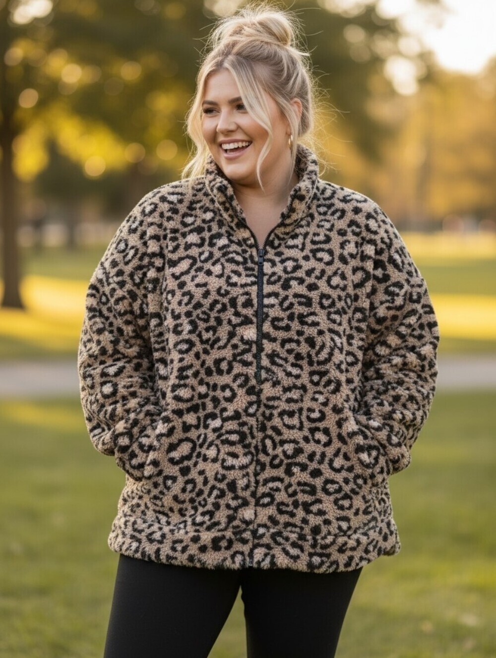 LuLaRoe Nancy Leopard Print Half Zip Fleece Pullover Sweater with Pockets